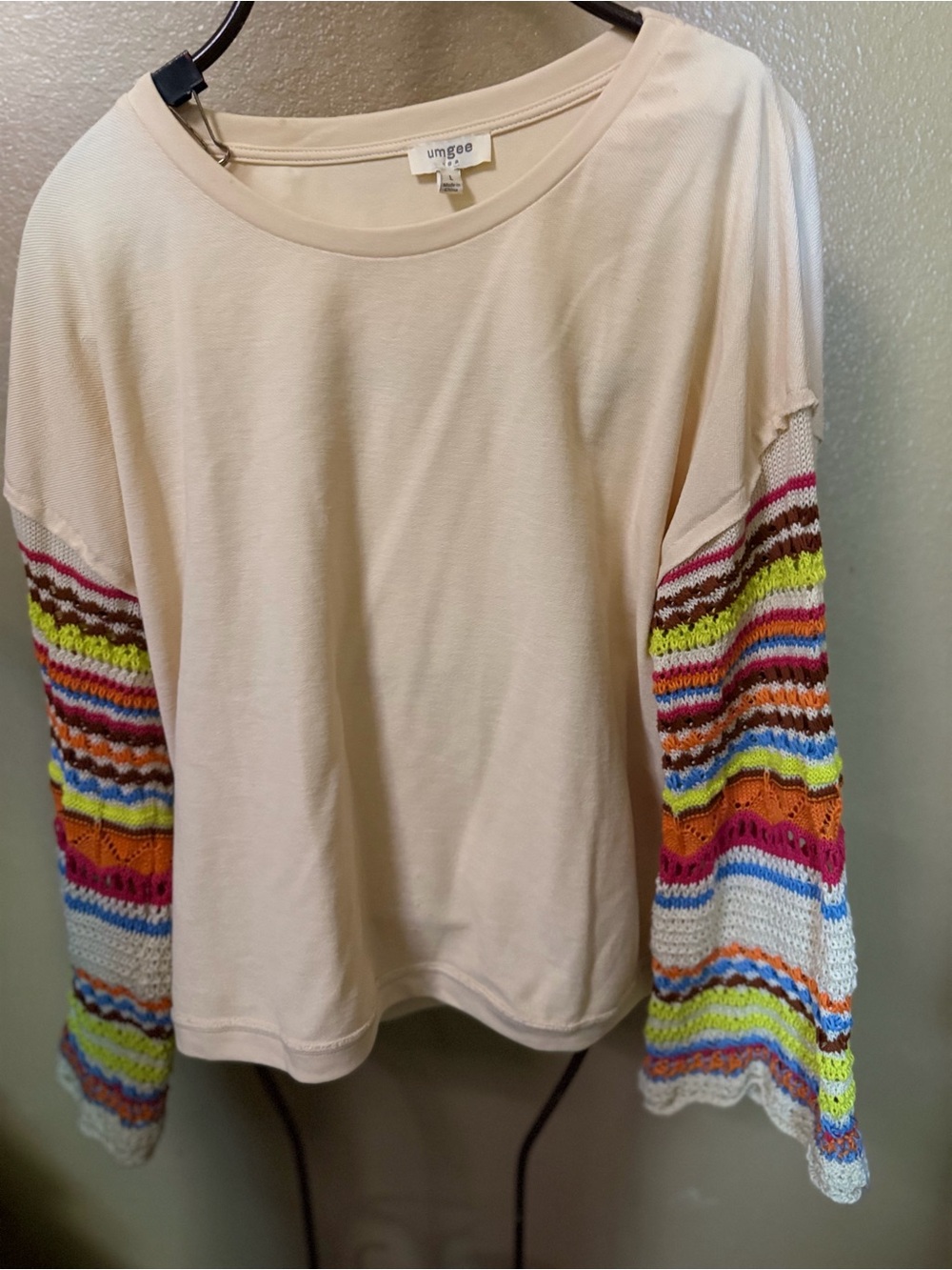 Umgee Cream Top with Multicolor Crochet Bell Sleeves